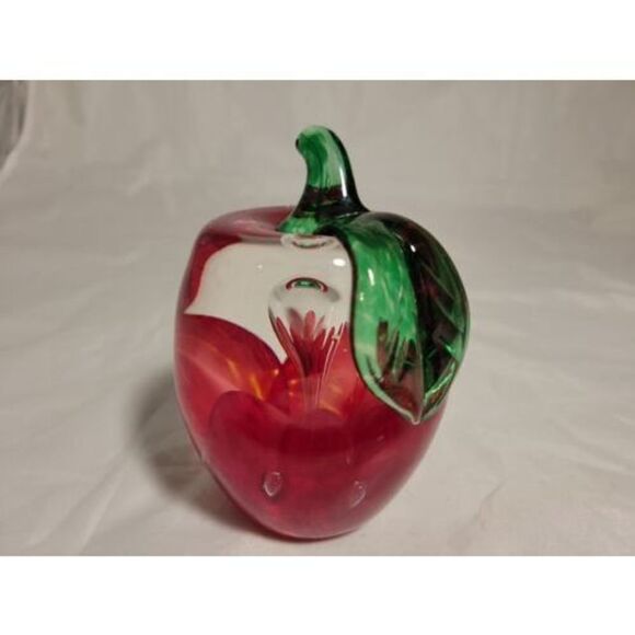 Joe Rice Art Glass Paperweight Red Apple Windowed Clear Glass w/ red floral NICE - Picture 6 of 16